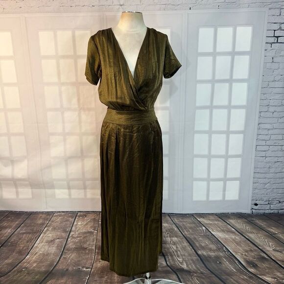 Swildens Short Sleeve Faux Wrap Metallic Sage Green Maxi Dress Size 0 / XS - Picture 1 of 11